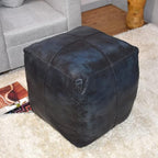 Square Shaped Goat Leather Handmade Eco-Friendly Vintage Blue Pouf - Square Pouf, 18" x 18" x 18", Plain Solid Pouf, Goat Leather Pouf, Recycled Cotton Filled Stuffed Pouf, Seating Pouf PF37