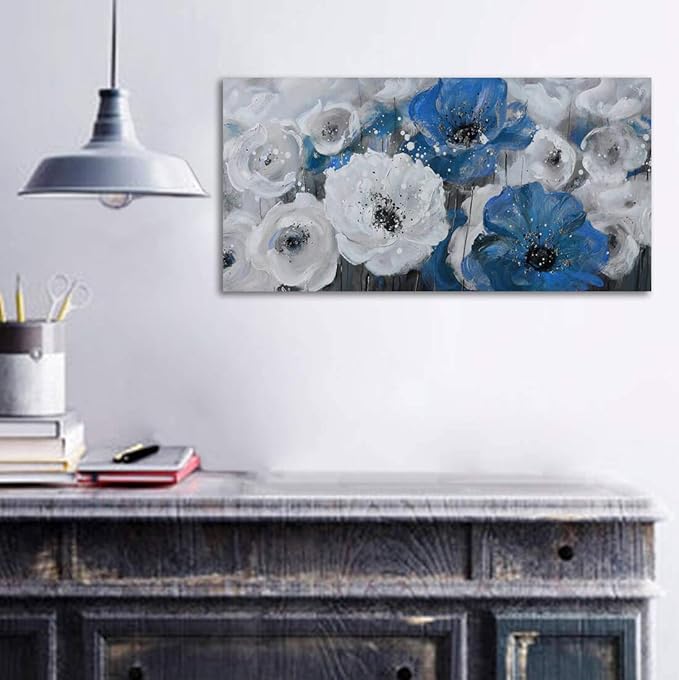 Mofutinpo Large Flower Painting Wall Art, 24x48, Modern Home Decor, Living Room Wall Decorations, White Blue Flower Prints Artwork, Waterproof UV Resistant Canvas, Wall Art for Bedroom