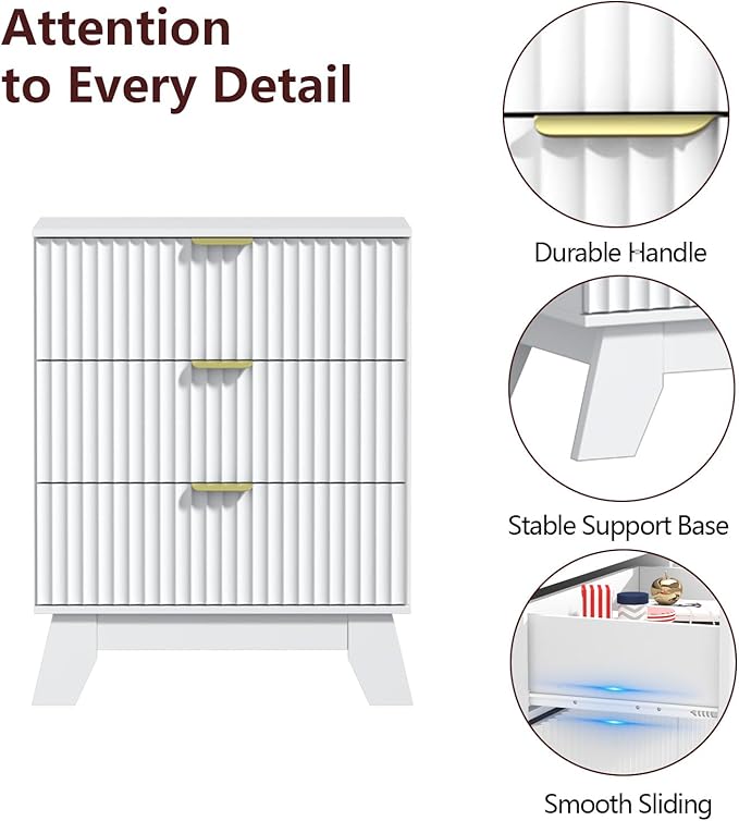 Fluted Dresser for Bedroom,3 Drawer Dresser for Closet,Storage Cabinet and Chest of Drawers with Gold Handle,TV Stand,Storage Organizer for Living Room,Hallway,Entryway,White