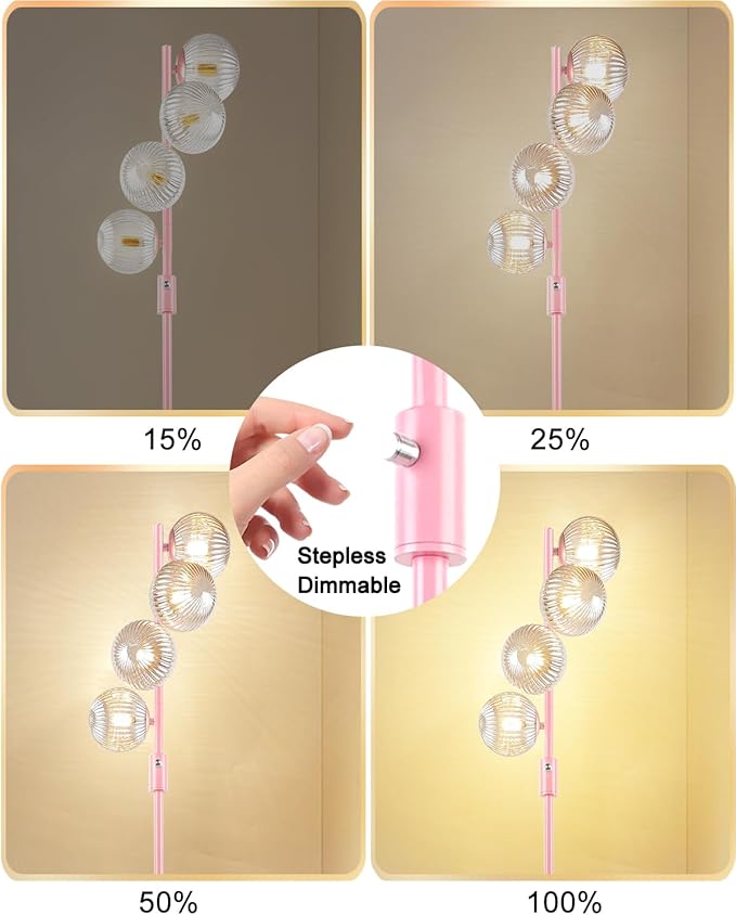 Lightdot 64IN Dimmable Floor Lamp with Globe Clear Glass Shade, Modern Pink Standing Lamps with 4PCS 3000K G9 Bulbs Soft Warm White Eye Care, Mid Century Floor Lamp for Living Room Bedroom