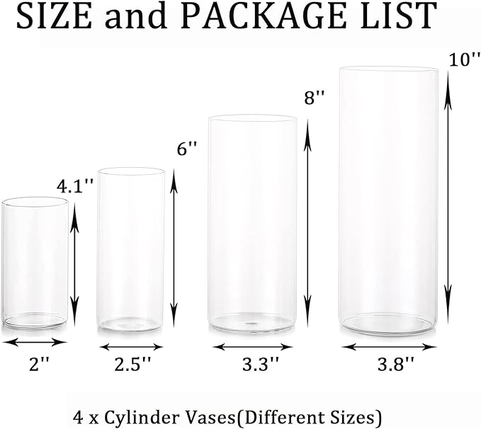 Glass Hurricane Candle Holder Esmiome - Cylinder Vases for Centerpieces 4Pcs/Set Hurricane Floating Candle Holder, Glass Vases for Flowers, Decorative for Home Wedding, 4'' + 6'' + 8'' +10''(High)