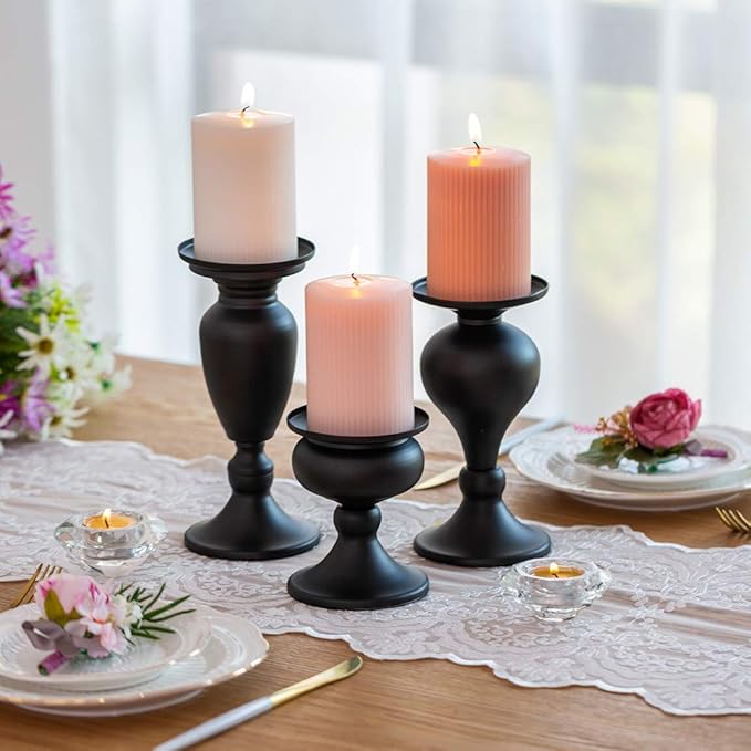 Sziqiqi Metallic Pillar Candleholder Set for Candle Centerpieces, Table Mantel Fireplace Decoration Set of 3 Gourd-Shaped Design Black