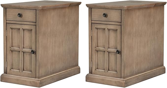 Traditional Wood Narrow End Table with Charging Station, Modern Vintage Sofa Side Table Storage & Multifunctional Drawer, Antique Brown Set of 2 for Living Room, Bedroom, Office, No Assembly