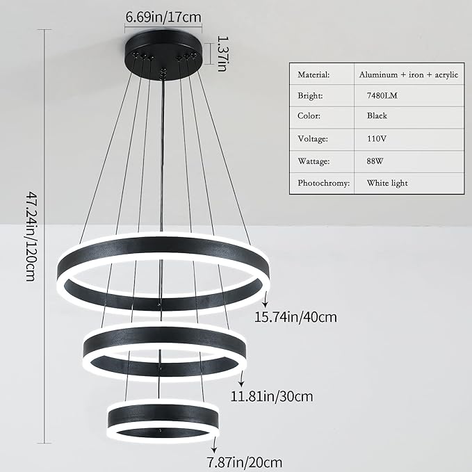 O'NEELDY Modern LED Chandeliers Adjustable Hanging Black Pendant Light Fixture 3 Ring Flush Mount Chandeliers for Bedroom,Kitchen,Island Cafe