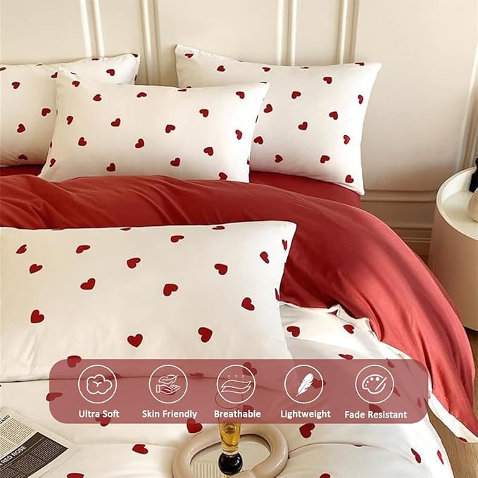 Heart Comforter Set King Size - 3 Pieces Red White Heart Comforter Bedding Sets for Girls Kids,King Bed in a Bag with Heart Love Comforter and 2 Pillowcases