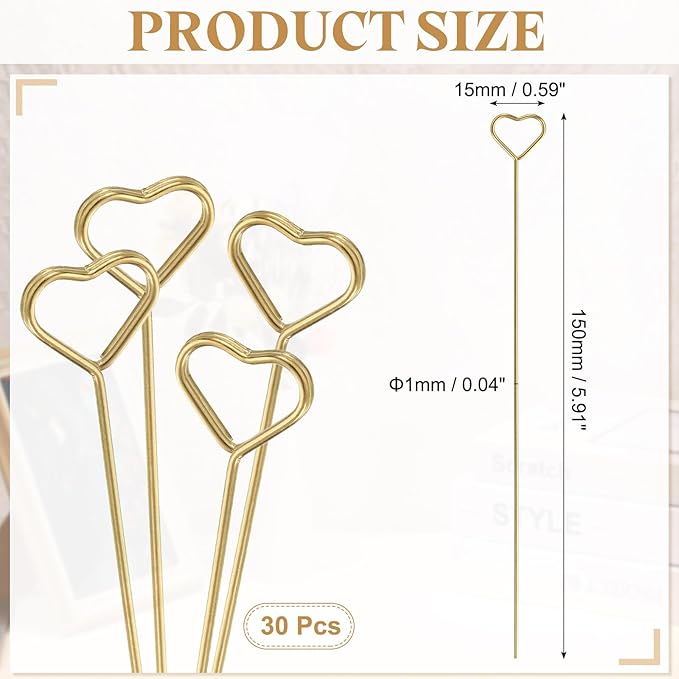uxcell 30 Pcs Table Card Holders, 5.9 Heart Metal Craft Wire Clips Picture Clip Table Number Holders Picks for Wedding, Photos, Memo, Restaurant, Gold