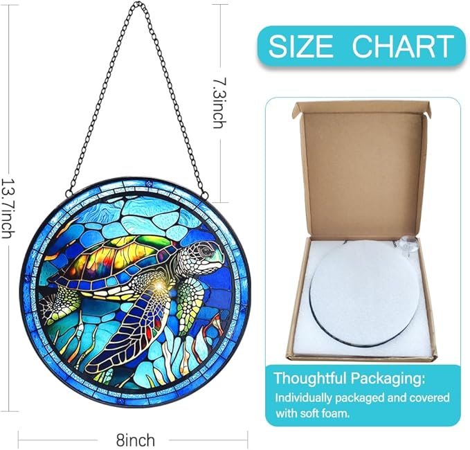 Stained Glass Turtle Suncatcher Window Hanging - Handmade Sea Turtle Suncatchers for Windows with Hooks - Sea Glass Wall Art Home Decor Outdoor Garden Sun Catcher - Birthday Gifts for Mom Grandma