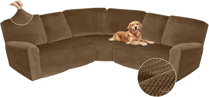Arfntevss Sectional Recliner Couch Covers Velvet Corner Sectional Sofa Cover for Reclining Couch Stretch Soft L Shape Recliner Slipcover Thick U Shaped Washable Protector (5 Seat Cover, Light Brown)