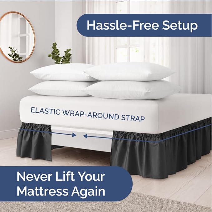 Wrap Around Dust Ruffle Bed Skirt - Black - for Full Size Beds with 21 Inch Drop - Easy Fit Elastic Strap - Adjustable Pleated Bedskirt w/Brushed Fabric - Wrinkle Free - for Women, Men, Kids & Teens