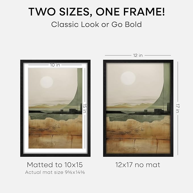 Homeforia 12x17 Picture Frame Black Wood, High End Oak 12x17 Poster Frames with Mat 10x15 Photo, 12 x 17 Wooden Frame Matted to 10 by 15 Print, 17x12 Hanging Frames, Tempered Glass, Wall Kit, Set of 1