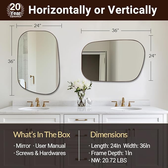 ANDY STAR Bronze Bathroom Mirror, 24"x36" Oil Bronze Asymmetrical Wall Mirror in Stainless Steel Metal Frame, Unique Vanity Mirror with Modern Curved Design, Ideal for Bathroom, Bedroom, Entryway