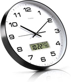 Wall Clock, 14" Large Dial Non-Ticking Silent Battery Operated Analog with LCD Display for Perpetual Calendar and F° Temperature, Ideal Modern Home, Bedroom, Office Decor (Black)