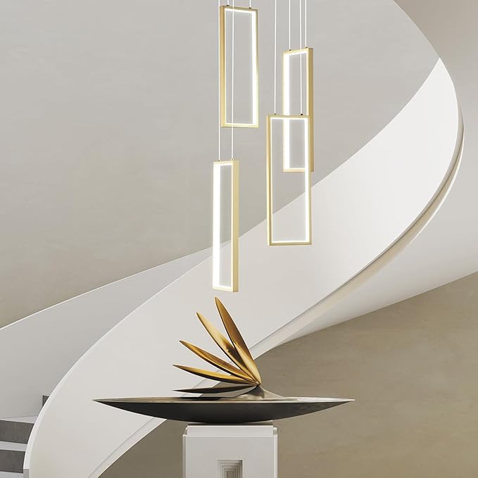 Modern Kitchen Island Dimmable Pendant Light Fixture Gold 54W LED Pendant Lights 4 Rings Rectangular Chandelier Staircase Large Chandelier Lobby Living Room Foyer High Ceiling Chandeliers