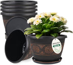 6 Pack 8 inch Plant Pots, Retro Pattern Planters with Drainage Holes and Saucer, Sturdy Plastic Garden Flower Pots for Indoor & Outdoor Plants