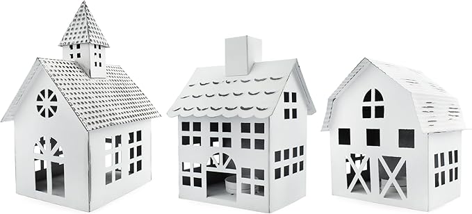 AuldHome Design Farmhouse Christmas Village Collection #2 w/Church, Barn and School (Set of 3, White); Candle Lantern Decorative Christmas Town Display