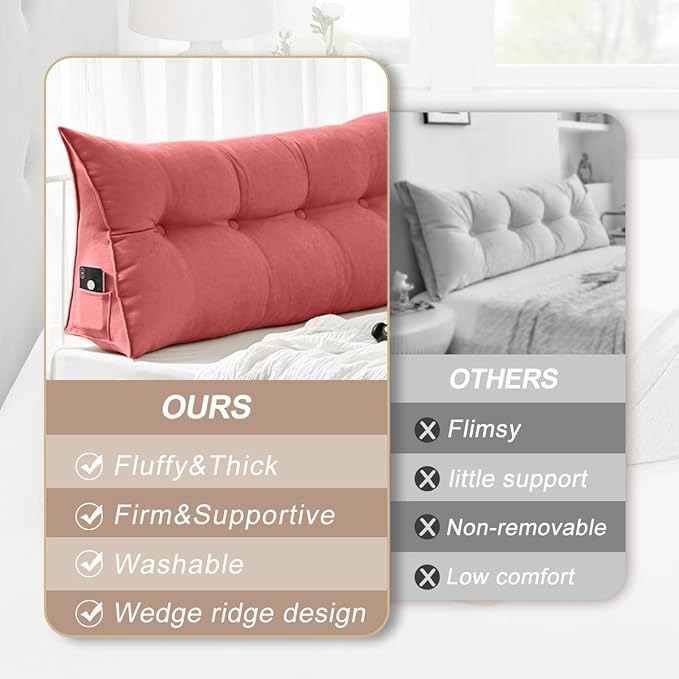 Large Triangular Headboard Pillows Long Backrest Positioning Support Bolster Cushion for Daybed Fluffy Quality Plush Body Wedge Pillow with Removable Cover(Wine Red -24x8x20in)