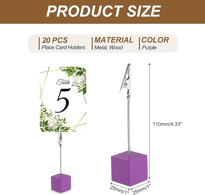 PATIKIL Place Card Holder, 20Pcs Memo Clip Holder Stand with Alligator Clasp Table Number Holders Wooden Base for Pictures Note Card Paper, Purple