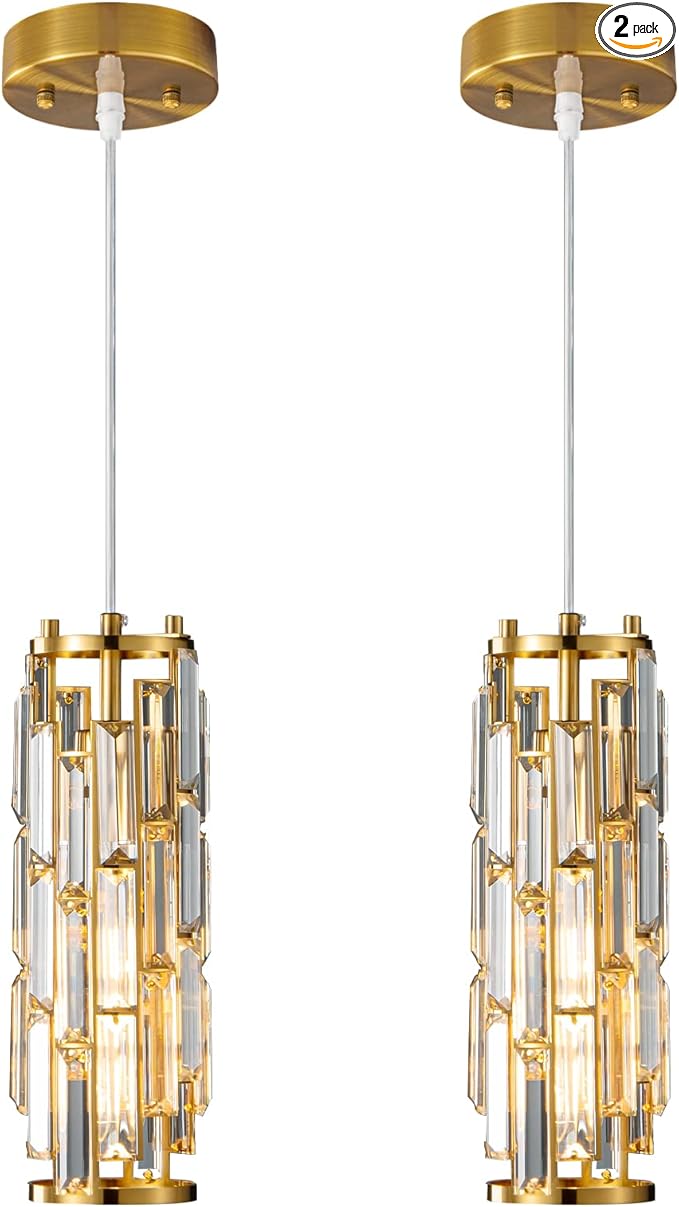 Pendant Lights Modern Gold Pendant Light Mini Crystal Chandelier Pendant Lighting for Kitchen Island Dinning Room Bedroom Kitchen Sink Lighting (Gold 2-Pack)