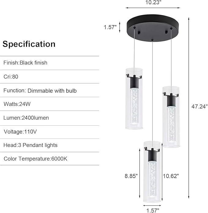 Kitchen Lighting Pendant, Modern Pendant Light with Black Finish, Pendant Lights for Kitchen Island Restaurant, Dining Room(3 Light)