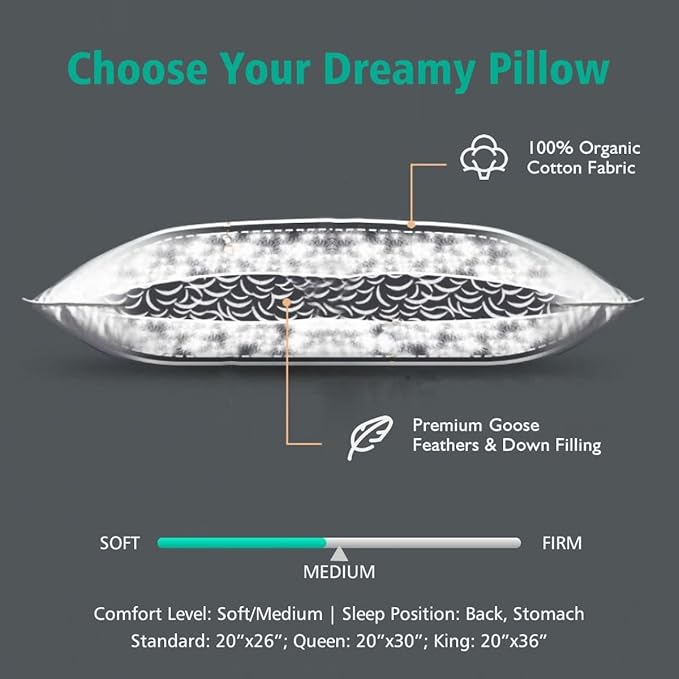 APSMILE Organic Feather Down Pillows Set of 2, Standard Size Bed Pillows for Sleeping with 100% Cotton Cover, 3-Chamber Hybrid Feather Down Core Pillow Surrounded by Polyester, 20x26 Inches