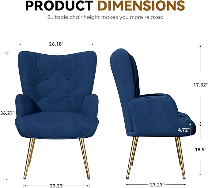 Nalupatio Mid Century Modern Velvet Accent Chair, Tufted Button High Back Chair, Upholstered Wingback Armchair with Metal Legs, High Back Side Chair for Living Room Bedroom, Blue