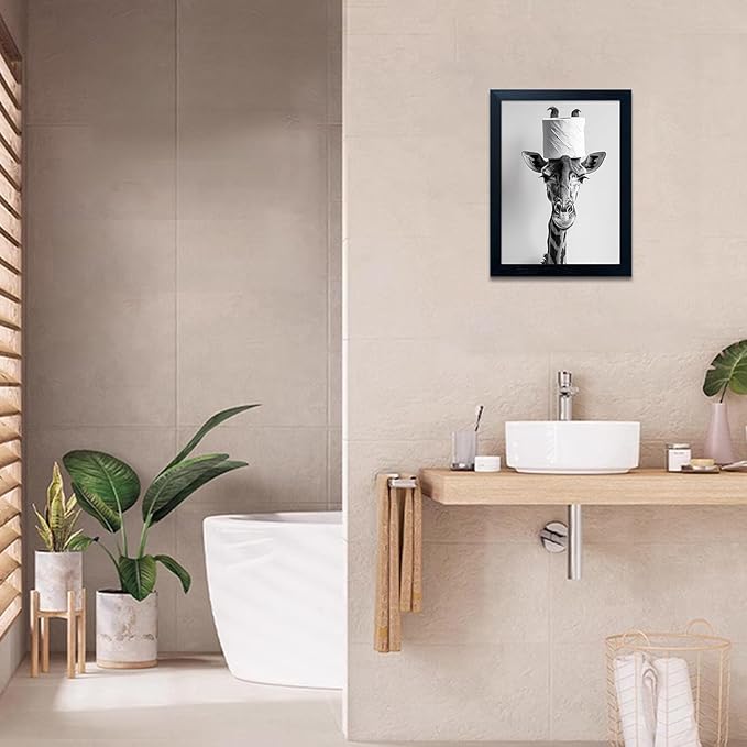 Funny Bathroom Wall Decor, Giraffe with a Toilet Paper Roll on Head Art Decor, Black and White Bathroom Pictures Wall Decor, Framed Humor Animal Canvas Print Artwork