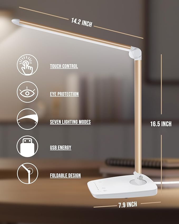 Lichamp Dimmable LED Desk Lamp with USB Charging Port, Touch Control Foldable Gooseneck Free Rotation Adjustable Eye Care Table Lamp, Bedside Reading Light with UL AC Adapter (Pink Gold)