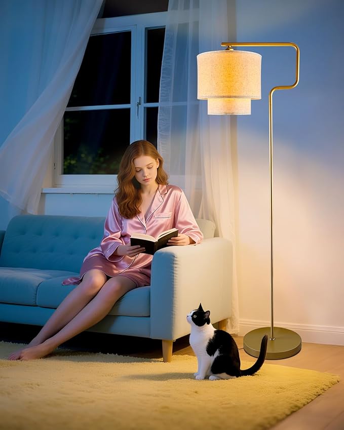 Lightdot 62IN Floor Lamps for Living Room, Modern Standing Tall Lamps with Double Linen Shades, 3000K Arc Bohemian Floor Lamp with Foot Switch for Wedding/Party, Bedroom, Home Office-Gold