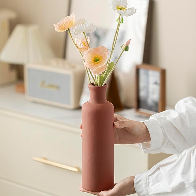 Modern Ceramic Vase Set of 3, Neutral Colors, Decorative Bottles for Home, Farmhouse Rustic Decor (Green Mix)