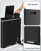 Arlopu 16 GallonStainless Steel Trash Can, 60L Dual Compartment, Metal Kitchen Step Recycle Bin, Metal Double Dustbin, in-Home Garbage Rubbish Can W/Removable Liner Buckets (Black)