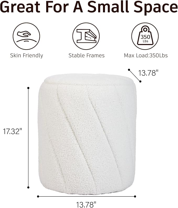 Modern Round Ottoman 2Pcs, Spiral-Tufted Foot Stool Ottoman, Teddy Fleece Upholstered Vanity Stool for Makeup, Bedroom, Living Room, White