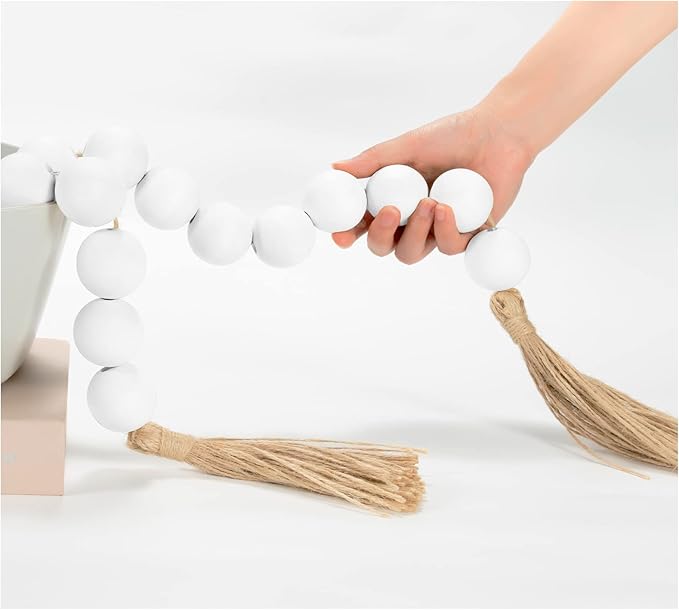OMISHE 60" Long Extra Large Wood Bead Garland with 1.6" Diameter Wooden Beads and Tassels, Rustic Farmhouse Country Decorative Beads for Home Tiered Tray Decor, White