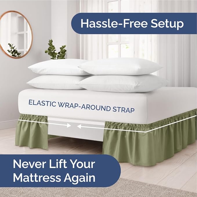 Wrap Around Dust Ruffle Bed Skirt - Sage Green - for Full Size Beds with 12 Inch Drop - Elastic Strap - Adjustable Pleated Bedskirt with Brushed Fabric and Wrinkle Free - for Women, Men, Kids & Teens