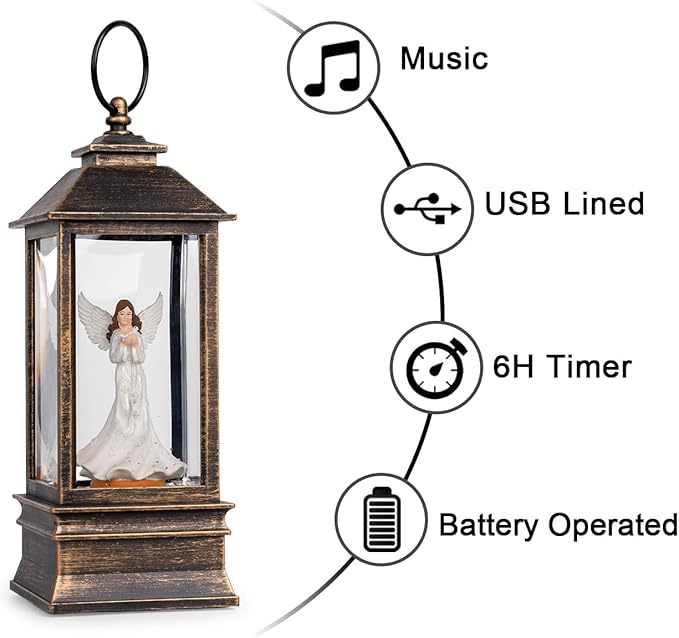 10'' Musical Snow Globe Lantern Lighted Angel with Dove Water Lantern Swirling Glittering Home Decoration and Gift, Battery Operated or USB Powered