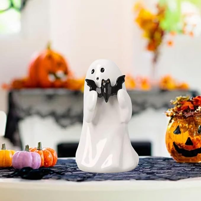 Halloween Ghost Figurine with Holding Bat, Funny Resin Ghost Statue Halloween Decor for Bookshelf, Terrace, Bedroom,Porch and Tabletop