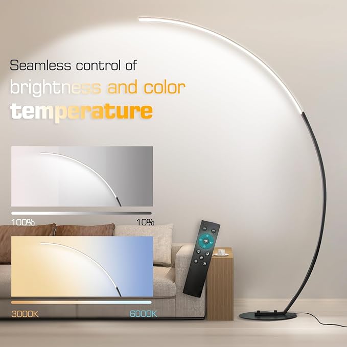 Modern LED Arc Floor Lamp Dimmable,Black Gold Arched Floor Lamp Standing Lamp with Remote for Living Room Bedroom Office Corner
