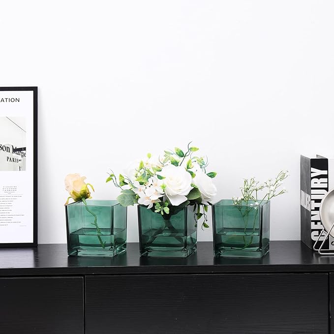 Square Glass Vases Set of 4, 4"x 4"x 4" Flower Vases for Centerpieces, Green Glass Vase for Flowers, Small Vase for Wedding, Party, Home Office Decoration