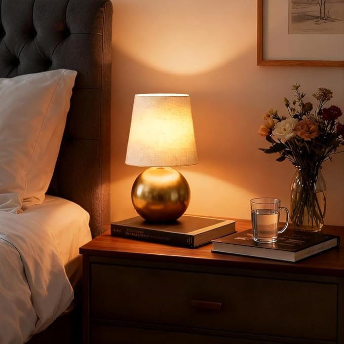 Set of 2 Small Gold Spherical Base Bedside Table Lamp with Textured Linen Shade (Bulb Included)