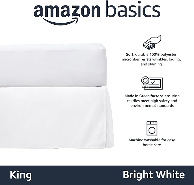 Amazon Basics Lightweight Pleated Bed Skirt, King, Bright White, Solid