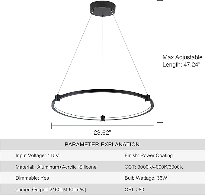 Modern Led Pendant Light Fixture Modern Led Chandelier Dimmable 23.6" Black 1 Circular Ring Hanging Pendant Lighting Fixture for Living Room Dining Room Kitchen Office Foyer 3000K 4000K 6000K