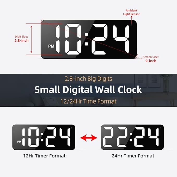 LED Digital Wall Clock with Large Display, Big Digits, Auto-Dimming, 12/24Hr Format, Modern Electric Small Silent Wall Clock for Living Room, Bedroom, Classroom, Farmhouse, Kitchen, Office - White
