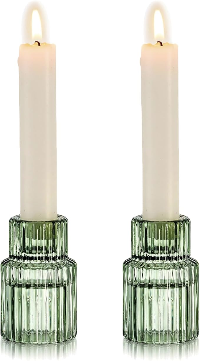 Hewory Glass Taper Candle Holders: 2PCS Green Vintage Candle Holder Candlestick Holders Bulk, Ribbed Glass Candle Holder Candle Sticks Holder Decor for Table Centerpiece Wedding Christmas Home Decor