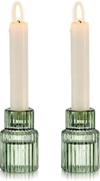 Hewory Glass Taper Candle Holders: 2PCS Green Vintage Candle Holder Candlestick Holders Bulk, Ribbed Glass Candle Holder Candle Sticks Holder Decor for Table Centerpiece Wedding Christmas Home Decor