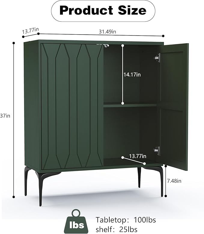 3More Accent Cabinet with 2 Doors,Sideboard Buffet Cabinet with Iron Legs and Adjustable Shelf,3D Lattice Design for Living Room, Entrance, Dining Room,Green