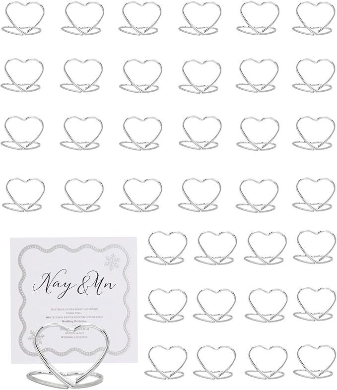 36 Pcs Heart Table Number Holders - Rust-Resistant Metal Place Card Stands for Weddings, Office & Home Decor (Silver)