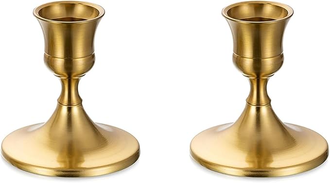 Romadedi Gold Candlestick Candle Holders for Taper, 2 PCS Gold Brass Color Candle Stick Candle Holder for Table Centerpiece, Wedding Reception, Festive Christmas Mantel Decoration or Home Decor
