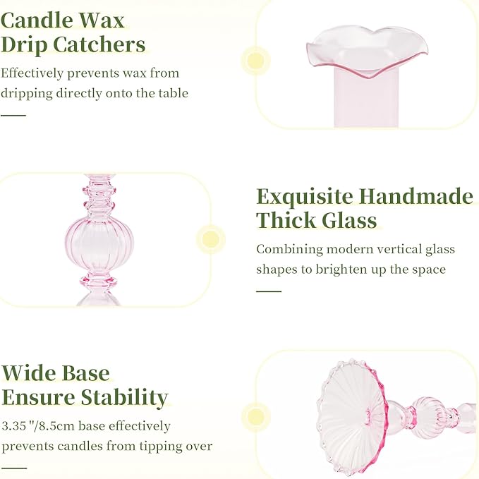 Glasseam Tapered Candlestick Holders Pink: Set of 3 Glass Candle Sticks Holder Decor with Bobeche Modern Ribbed Taper Candle Holders for Table Centerpiece Valentines Wedding Home Decorations