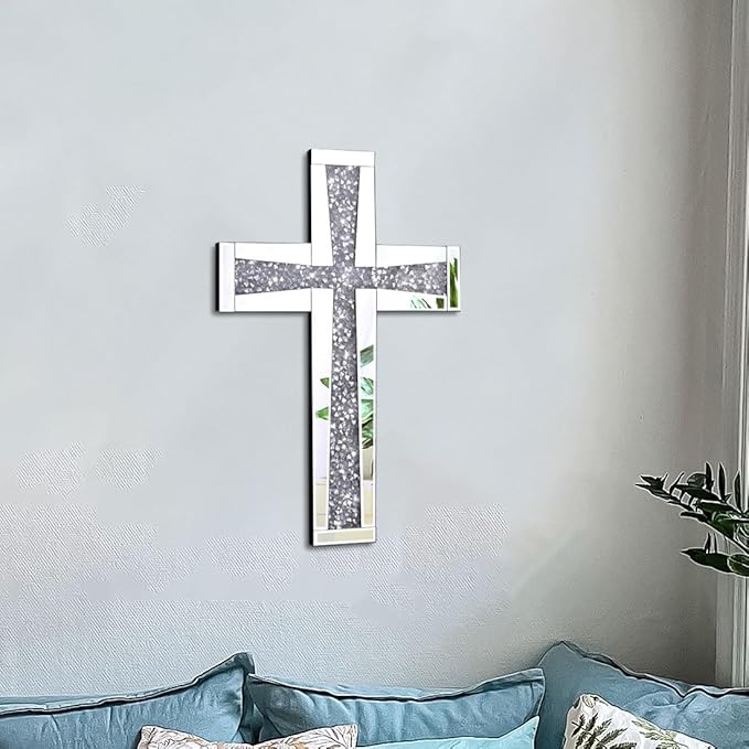 Aeveco Silver Mirrored Wall Cross 20×13 inch, Crystal Crush Diamond Cross for Wall, Living Room, Bedroom, Home Decor