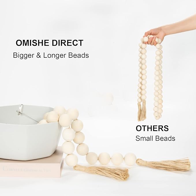 OMISHE 76" Long Extra Large Wood Bead Garland with 1.6" Diameter Wooden Beads and Tassels, Rustic Farmhouse Country Decorative Beads for Home Tiered Tray Decor, Natural Beige