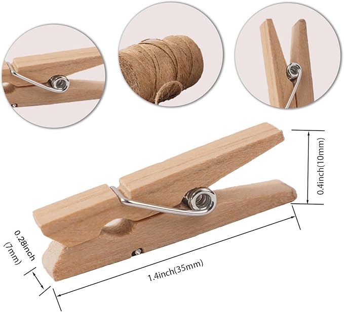 Small Clothes Pins for Photos,100PCS Mini Wooden Clothes Pins with 328 Feet Jute Twine,1.4 inch Tiny Clothes Pins for Photos,Crafts,Hanging Pictures,Baby Shower,Clip Photo Holders